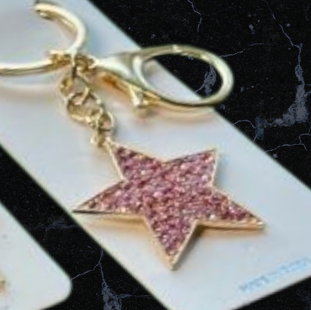 NWT PINK Rhinestone STAR Gold tone Bag Charm Keychain Keys Car House Patriotic